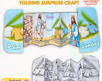 Puede incluir: Una manualidad sorpresa plegable del Domingo de Ramos en color y blanco y negro. La manualidad presenta ilustraciones de Jesús, ramas de palma y texto que incluye "Hosanna" y "Domingo". El diseño incluye las palabras "Palm Sunday" y "Folding Surprise Craft."