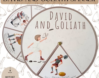 David och Goliat söndagsskola pyssel bibel spinnerhjul, utskrivbar barnverksamhet bibelaktivitet och hemundervisning bibelprojekt roligt memoryspel