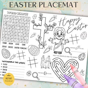May include: Black and white Easter placemat with a word search, unscramble the words, and other activities. Features a cross, Jesus, Easter eggs, carrots, and the text "Happy Easter". Includes the text "Instant Download".