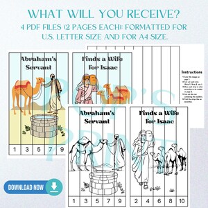 Op de afbeelding: Een afdrukbare PDF met illustraties van bijbelse sc&egrave;nes, waaronder "Abrahams Dienaar" en "Vindt een vrouw voor Isa&auml;k." De afbeeldingen zijn geformatteerd voor U.S. Letter- en A4-formaten. De tekst "WHAT WILL YOU RECEIVE?" en "DOWNLOAD NOW" zijn zichtbaar.