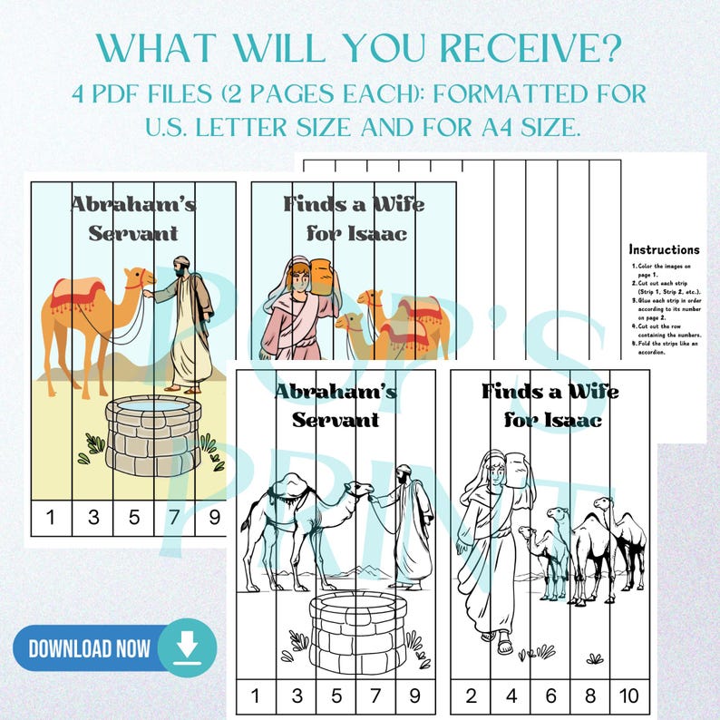 Op de afbeelding: Een afdrukbare PDF met illustraties van bijbelse sc&egrave;nes, waaronder "Abrahams Dienaar" en "Vindt een vrouw voor Isa&auml;k." De afbeeldingen zijn geformatteerd voor U.S. Letter- en A4-formaten. De tekst "WHAT WILL YOU RECEIVE?" en "DOWNLOAD NOW" zijn zichtbaar.