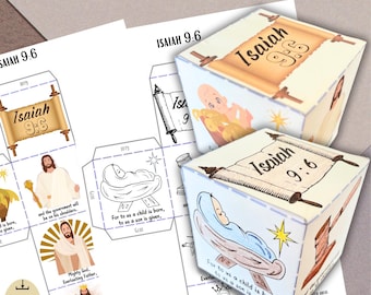 May include: Printable craft template for a cube with images and text related to the Bible verse Isaiah 9:6. The cube features illustrations of a baby in a manger, a scroll with the verse, and a man with a crown. The text on the cube reads "Isaiah 9:6".