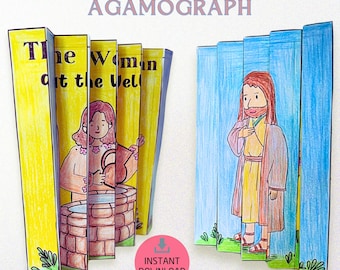 Puede incluir: Un agamógrafo titulado "The Woman at the Well" con una colorida ilustración. La obra de arte representa a una mujer en un pozo y una figura con una túnica. El texto "Instant Download" está en un círculo rosa.