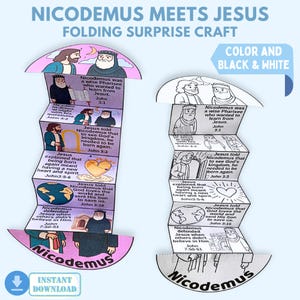 Pode incluir: Um artesanato surpresa dobrável intitulado "Nicodemos Encontra Jesus" em cores e preto e branco. O artesanato apresenta ilustrações e texto da Bíblia, incluindo citações de João. O design inclui um botão de download.
