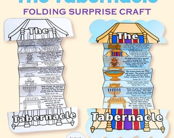 May include: A folding surprise craft titled The Tabernacle, featuring two versions of a vertical accordion-style paper project. One version is black and white for coloring, and the other is fully colored, both depicting biblical scenes.