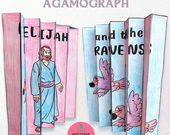May include: An agamograph titled "Elijah and the Ravens." The artwork features a pink and blue color scheme with illustrations of Elijah and purple ravens. The words "Elijah" and "and the Ravens" are printed on the panels. A pink circle with the words "Instant Download" is at the bottom.