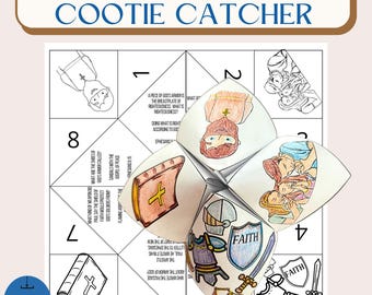May include: A folded paper fortune teller with the text "THE ARMOR OF GOD COOTIE CATCHER". The design includes illustrations of a bible, a knight's armor, and people. The words "INSTANT Download" are also visible.