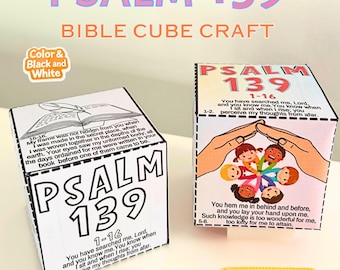 May include: Two paper cubes featuring Psalm 139 text and illustrations. One cube is black and white with a line drawing of an open book. The other cube is in full color, showing a group of children in a circle with hands forming a roof above them.