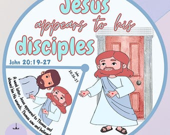 Op de afbeelding: Een kleurrijke illustratie die Jezus laat zien die aan zijn discipelen verschijnt, met de tekst "Jezus verschijnt aan zijn discipelen" en "Johannes 20:19-27".