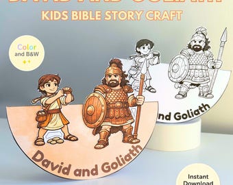 Puede incluir: Un kit de manualidades con una ilustración en color y blanco y negro de la historia bíblica de David y Goliat. La imagen incluye el texto "David and Goliath" y "Kids Bible Story Craft". Descarga instantánea disponible.