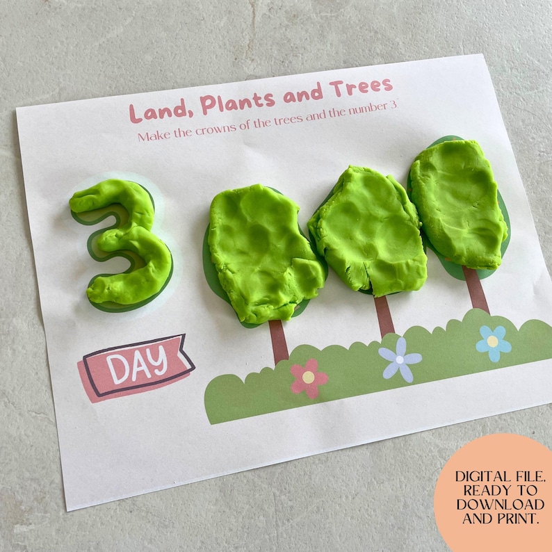 May include: A printed worksheet with the title "Land, Plants and Trees" and the number 3 made of green clay. The worksheet includes tree illustrations and the word "DAY" in a banner. The text "DIGITAL FILE. READY TO DOWNLOAD AND PRINT" is also visible.