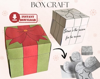 Puede incluir: Un kit de manualidades de caja de regalo de Natividad emergente. La caja es verde con un diseño de cinta roja. El texto "POP-UP NATIVITY GIFT BOX CRAFT" y "INSTANT DOWNLOAD" son visibles. También es visible el texto "Jesus is the reason for the season".