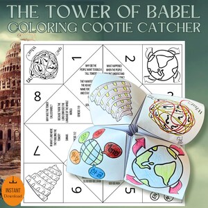 Pode incluir: Um apanha-sonhos para colorir imprimível com o título "The Tower of Babel Coloring Cootie Catcher". O apanha-sonhos está dobrado e mostra uma ilustração colorida da Torre de Babel, um globo terrestre e um emaranhado de linhas. O apanha-sonhos tem oito seções com perguntas e respostas relacionadas à história bíblica da Torre de Babel.
