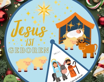 Jesus ist Geboren Ausmal-Dreh-Rad, Bibelstunde-Bastelarbeit, Sonntagsschule-Bastelprojekt, Druckbare Weihnachtsaktivität für Kinder