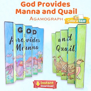 Dios provee maná y codornices. Agamograma, actividad bíblica imprimible para la escuela dominical (descarga digital).