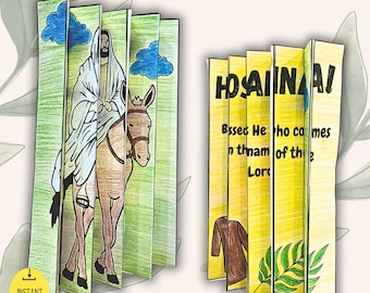 May include: A printable Palm Sunday agamograph with a colorful illustration of Jesus riding a donkey and the text "HOSANNA! Blessed He who comes in the name of the Lord".