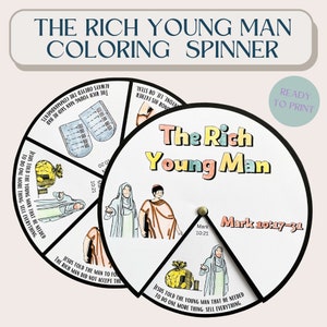 Afdrukbare The Rich Young Man-kleurplaat spinnerwiel | Zondagsschoolknutselen | Activiteit kinderbediening | Interactief bijbelspel voor kinderen