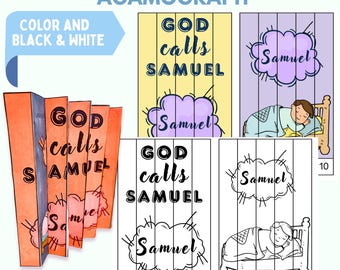 May include: An agamograph featuring the text "GOD CALLS SAMUEL" and an illustration of Samuel in bed. The image includes color and black & white versions, with an "INSTANT DOWNLOAD" icon. The agamograph is designed for coloring.