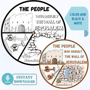 Printable The People Who Rebuild the Wall of Jerusalem Spinner Wheel, Nehemiah Bible Coloring Activity, Kids Ministry & Sunday School Craft