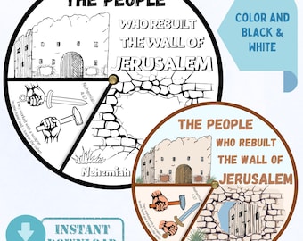 Printable The People Who Rebuild the Wall of Jerusalem Spinner Wheel, Nehemiah Bible Coloring Activity, Kids Ministry & Sunday School Craft
