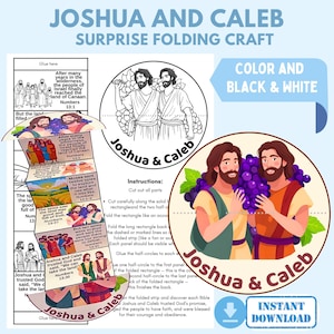 May include: A printable craft featuring Joshua and Caleb, with illustrations and text. The design includes a color and black & white option, instructions, and the words "Instant Download". The craft is designed to be folded.