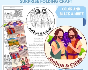 Puede incluir: Una manualidad imprimible con Josué y Caleb, con ilustraciones y texto. El diseño incluye una opción en color y blanco y negro, instrucciones y las palabras "Descarga instantánea". La manualidad está diseñada para ser plegada.