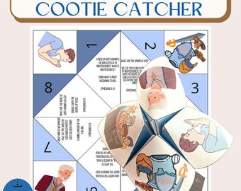 May include: A blue and white cootie catcher game with the text "The Armor of God Cootie Catcher". The game features illustrations of a knight in armor, a sword, and a shield. The game also includes scripture verses from Ephesians.