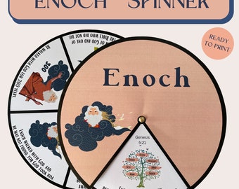 May include: A printable Enoch spinner with a pink background and a black border. The spinner features a picture of Enoch walking with God, a family tree, and the text "Enoch was the seventh patriarch and Noah's great grandfather".