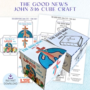 Printable John 3:16 Cube Craft, The Good News Bible Verse Memory Game, Sunday School Activity, Christian Coloring & Ministry Craft for Kids