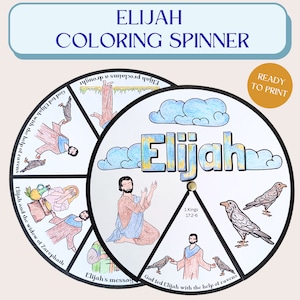 Printable Elijah Coloring Spinner Wheel, Elijah Fed by Ravens Sunday School and Ministry Craft, Kids Bible Lesson, Memory Game