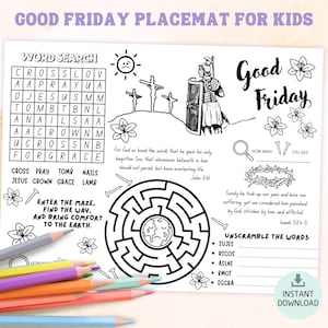 May include: A black and white printable Good Friday placemat for kids with a word search, maze, and word scramble activities. The placemat features a scene of Jesus carrying a cross with a crown of thorns and nails.