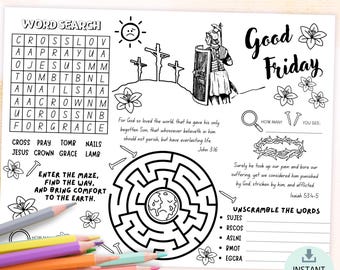 Good Friday Placemat for Kids, Easter Table Coloring Craft, Sunday School Activity,  Printable Game Instant Download, Church Paper Craft