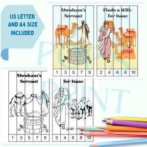 Op de afbeelding: Kleurplaten met bijbelse sc&egrave;nes, waaronder "Abrahams Dienaar" en "Vindt een vrouw voor Isaak." De illustraties tonen kamelen, figuren en een put, met genummerde secties om in te kleuren. De tekst "US LETTER AND A4 SIZE INCLUDED" is zichtbaar.