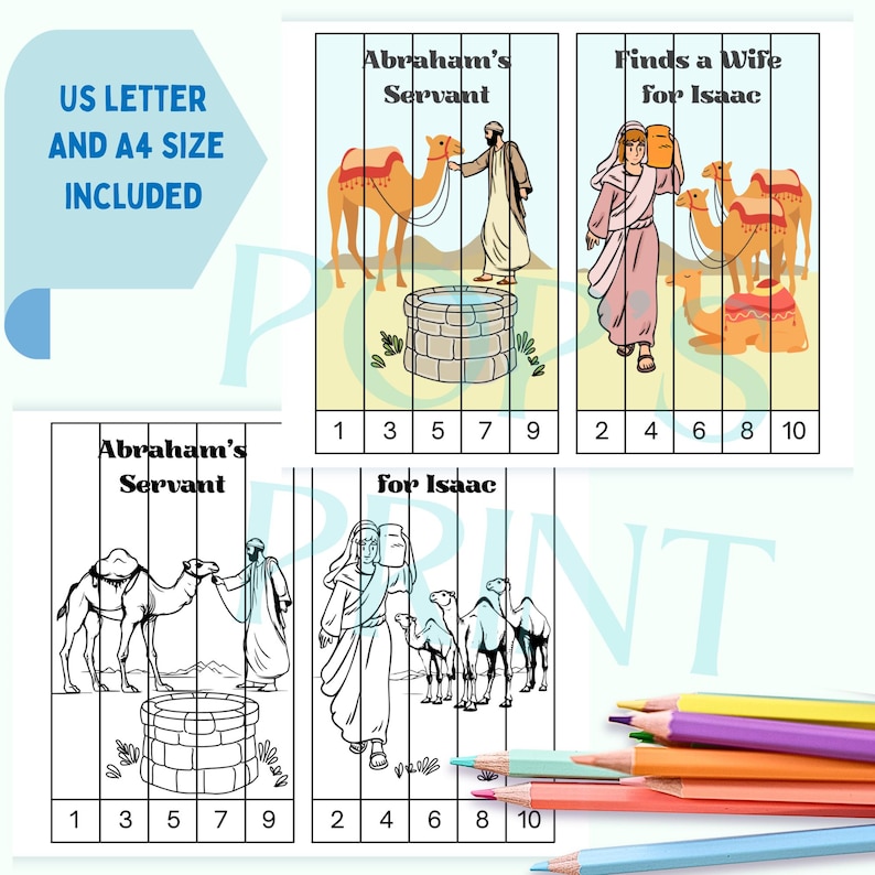 Op de afbeelding: Kleurplaten met bijbelse sc&egrave;nes, waaronder "Abrahams Dienaar" en "Vindt een vrouw voor Isaak." De illustraties tonen kamelen, figuren en een put, met genummerde secties om in te kleuren. De tekst "US LETTER AND A4 SIZE INCLUDED" is zichtbaar.