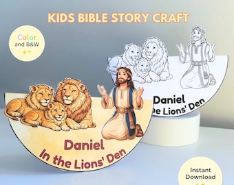 Puede incluir: Un proyecto de manualidades para niños que representa la historia de Daniel en el foso de los leones. La imagen muestra dos recortes semicirculares con ilustraciones de Daniel y leones. Uno es en color, el otro en blanco y negro. El texto incluye "Daniel en el foso de los leones".