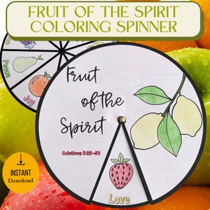 Rueda giratoria del fruto del Espíritu para imprimir / Manualidad para colorear de la escuela dominical / Lección y actividad bíblica de Gálatas 5:22-23 para niños