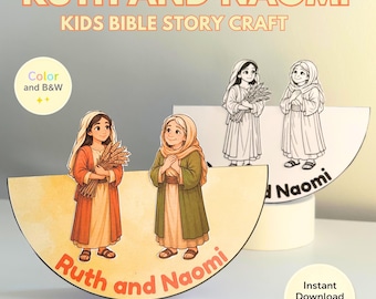 Puede incluir: Un proyecto de manualidades que presenta la historia bíblica de Rut y Noemí. La imagen muestra dos ilustraciones a color de los personajes, sosteniendo trigo, y dos ilustraciones en blanco y negro. El texto incluye "Rut y Noemí" y "Kids Bible Story Craft".