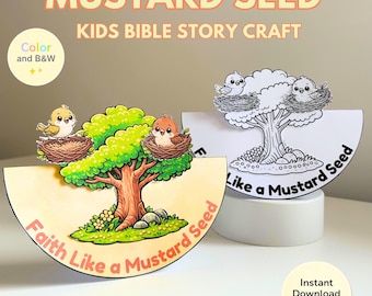 Puede incluir: Un proyecto de manualidades colorido con el texto "MUSTARD SEED KIDS BIBLE STORY CRAFT". La imagen presenta un árbol con pájaros en nidos, y las palabras "Faith Like a Mustard Seed" están escritas en la manualidad. También se muestra una versión en blanco y negro.