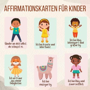 Puede incluir: Seis tarjetas de afirmación coloridas para niños con ilustraciones de niños y animales. Las tarjetas tienen afirmaciones positivas escritas en alemán, como "Ich bin kreativ und liebe Kunst" y "Ich bin klug, liebenswert und großartig".