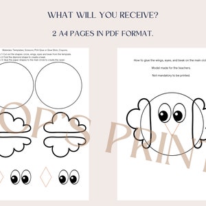 May include: Printable PDF template for a craft project to make an owl. The template includes a circle, wings, eyes, and a beak. The instructions say to cut out the shapes and glue them to the main circle to create the owl.