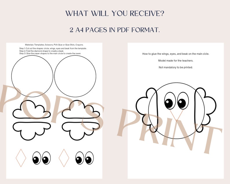 May include: Printable PDF template for a craft project to make an owl. The template includes a circle, wings, eyes, and a beak. The instructions say to cut out the shapes and glue them to the main circle to create the owl.