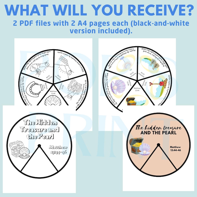 Printable Parable of the Hidden Treasure & Pearl of Great Price Coloring Spinner Wheel | Bible Craft Activity | Sunday School Resource image 2