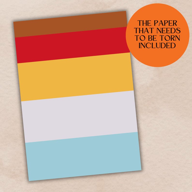 Może przedstawiać: Arkusz papieru do druku z pięcioma poziomymi paskami w kolorze brązowym, czerwonym, ż&oacute;łtym, jasnoszarym i jasnoniebieskim. Tekst "THE PAPER THAT NEEDS TO BE TORN INCLUDED" jest wydrukowany czarnym kolorem na pomarańczowym kole.