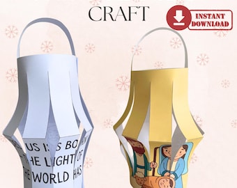 Puede incluir: Dos faroles de papel, uno blanco y otro amarillo, con asas. El farol blanco tiene el texto "US IS BORN, THE LIGHT OF THE WORLD HAS COME". El farol amarillo presenta una ilustración del nacimiento. La imagen también incluye el texto "NATIVITY LANTERN CRAFT" y "INSTANT DOWNLOAD".