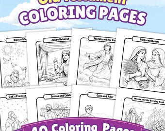 Puede incluir: Un conjunto de 40 páginas para colorear del Antiguo Testamento. Las páginas muestran ilustraciones en blanco y negro de escenas bíblicas, incluyendo a la jueza Débora y José. El título "Old Testament Coloring Pages" está en morado y amarillo.