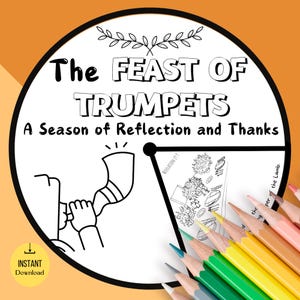 Może przedstawiać: Czarno-biała strona do kolorowania do wydrukowania z tekstem "The Feast of Trumpets A Season of Reflection and Thanks". Obraz przedstawia osobę grającą na trąbce i stół z jedzeniem.
