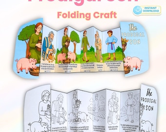 Puede incluir: Una manualidad plegable titulada "Prodigal Son" con ilustraciones que representan una historia bíblica. La versión superior es en color, mientras que la inferior es una página para colorear en blanco y negro. Incluye el texto "Descarga instantánea".