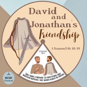 Puede incluir: Una ilustración de la amistad de David y Jonathan. La imagen presenta a dos hombres, una espada, un arco y una flecha, y el texto "David and Jonathan's Friendship" con los versículos bíblicos "1 Samuel 18:3" y "1 Samuel 16. 18. 19". El texto debajo de la imagen dice "Se prometieron que, pase lo que pase, siempre serían amigos."