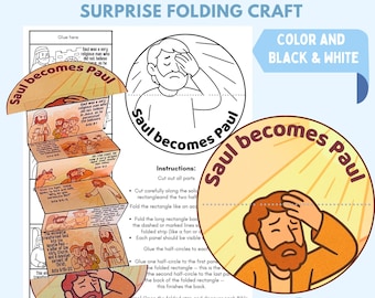 Puede incluir: Una manualidad imprimible titulada "Saúl se convierte en Pablo" con instrucciones. El diseño incluye una tira plegable con ilustraciones y texto, junto con elementos circulares y rectangulares. La combinación de colores es principalmente naranja, marrón y blanco.
