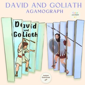May include: A paper agamograph craft featuring the story of David and Goliath. The left side shows David with a sling, and the right side shows Goliath with a spear and shield. The text reads DAVID AND GOLIATH AGAMOGRAPH, Color and B&W, and Instant Download.